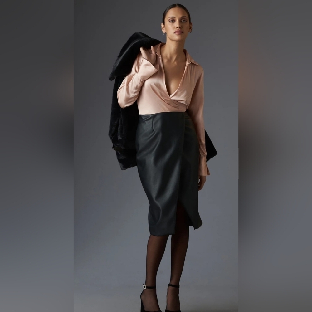 Anthropologie Satin Wrap Blouse Faux Leather Midi Dress Pink Black Size 2 NWT